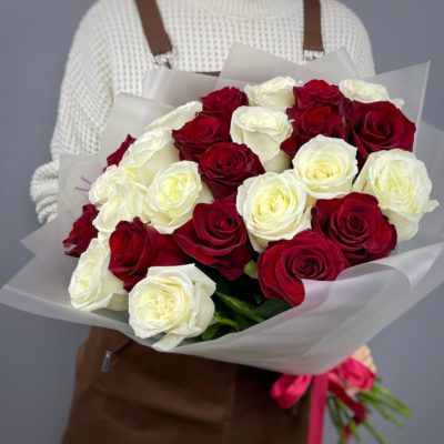 Красные и белые розы в эфектном букете (25 шт)