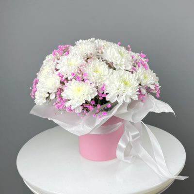 Белая кустовая хризантема с розовой гипсофилой в коробочке